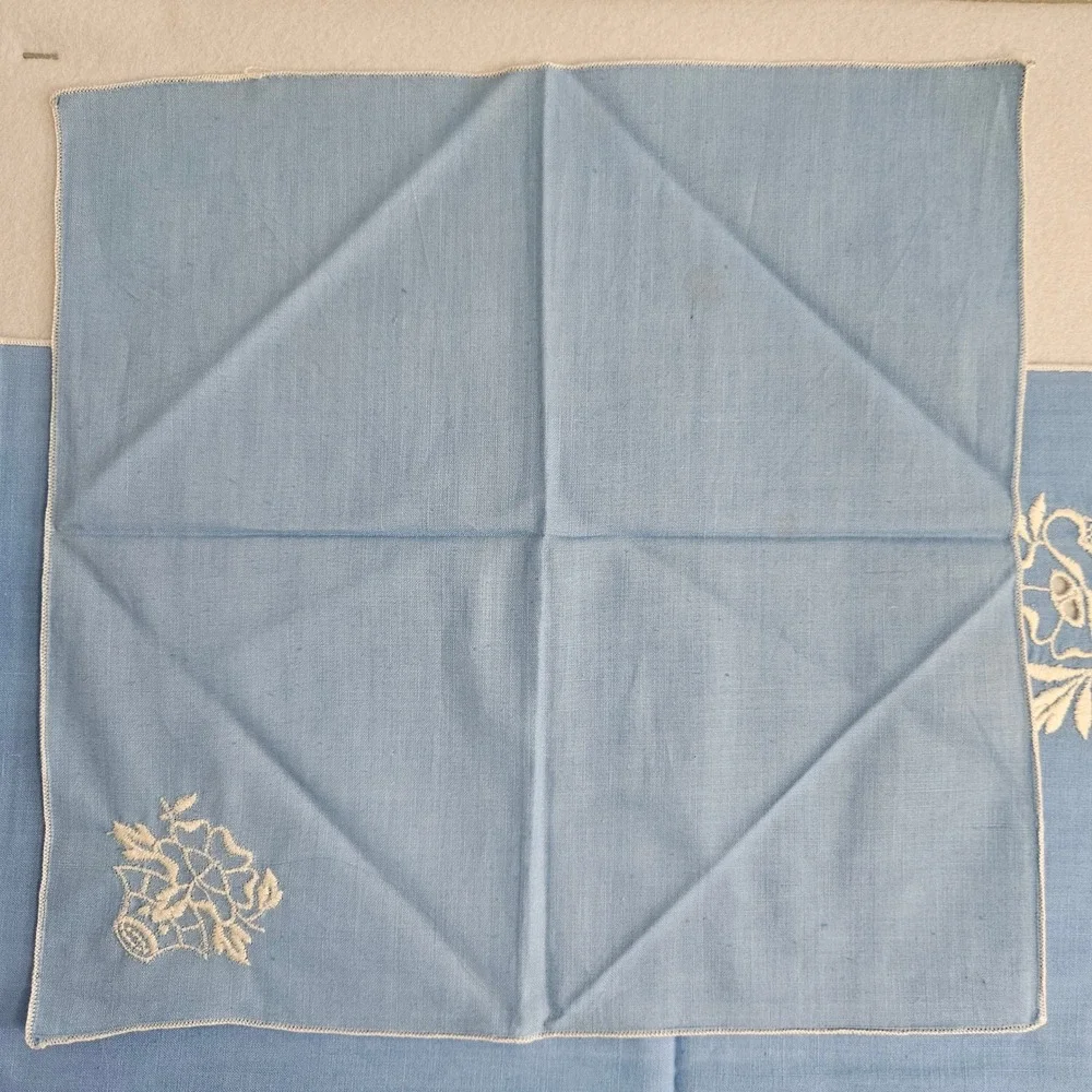 Vintage Blue Tablecloth Runner Napkin Set Floral‎ Embroidery Eyelet Lace 4pc